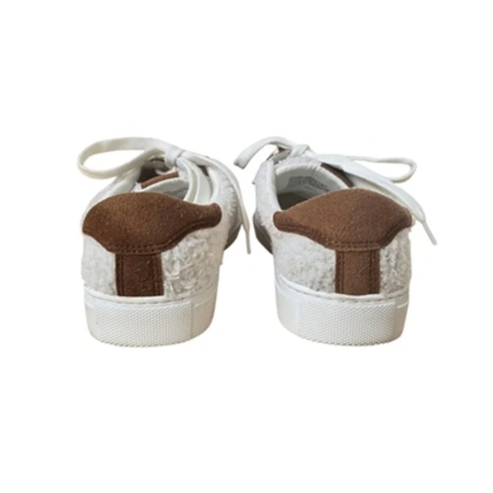 J.Crew Shoes Womens Size 7.5 White Brown Sherpa Faux Fur Low Top Lace‎ Up BJ272